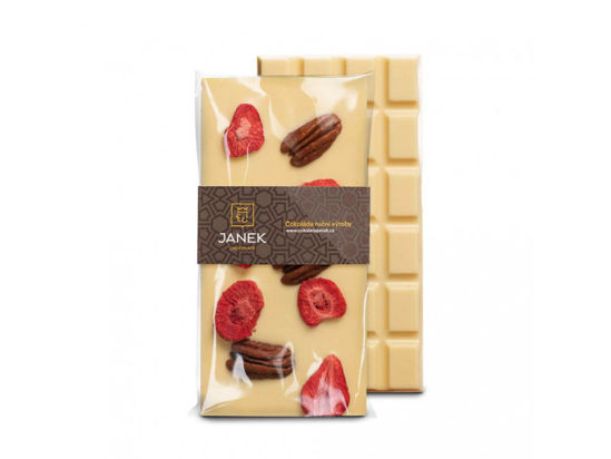 Obrázek Bílá čokoláda s pekanovými ořechy a jahodami 95g Janek